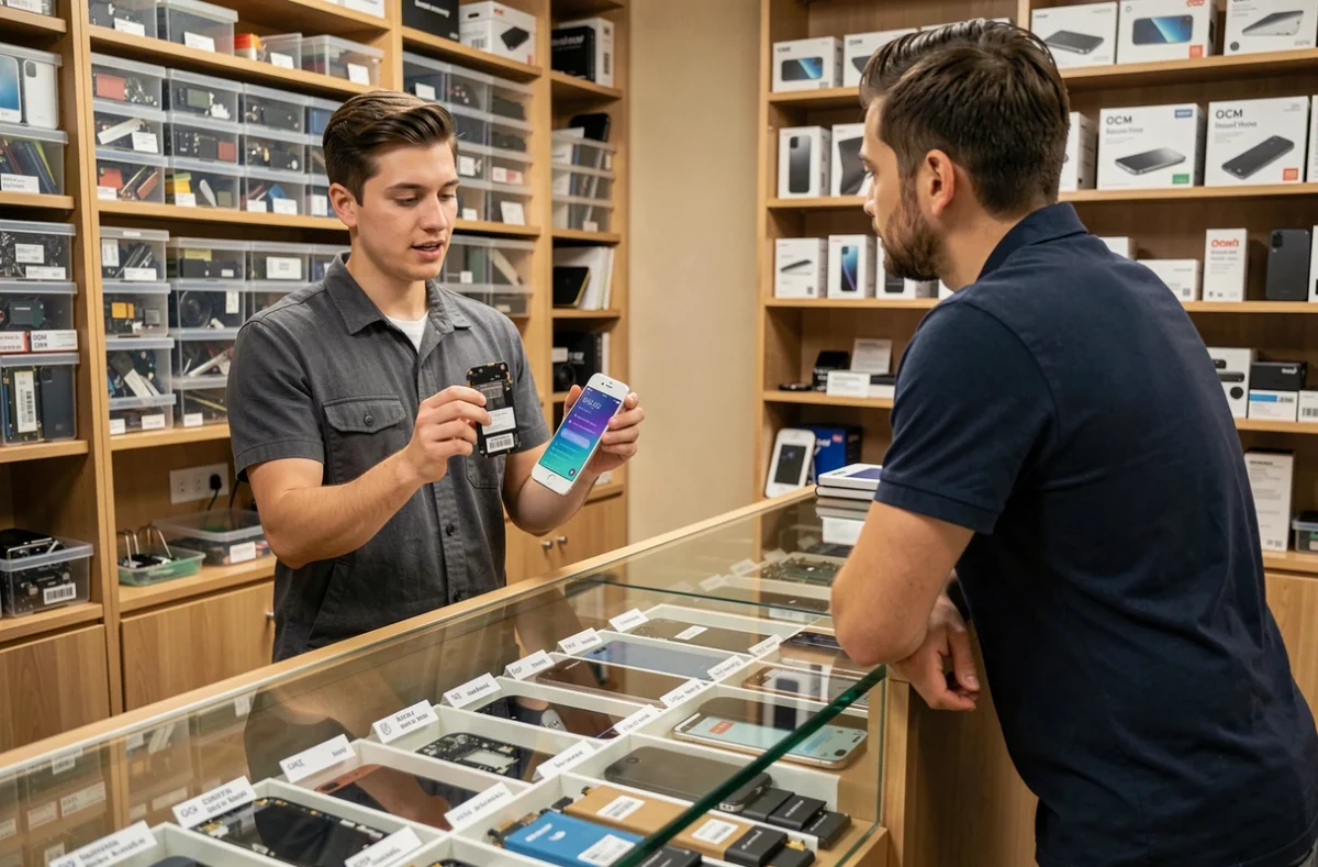 Technicien iFixit Montpellier présentant une pièce détachée de smartphone à un client devant un comptoir vitrine rempli de composants