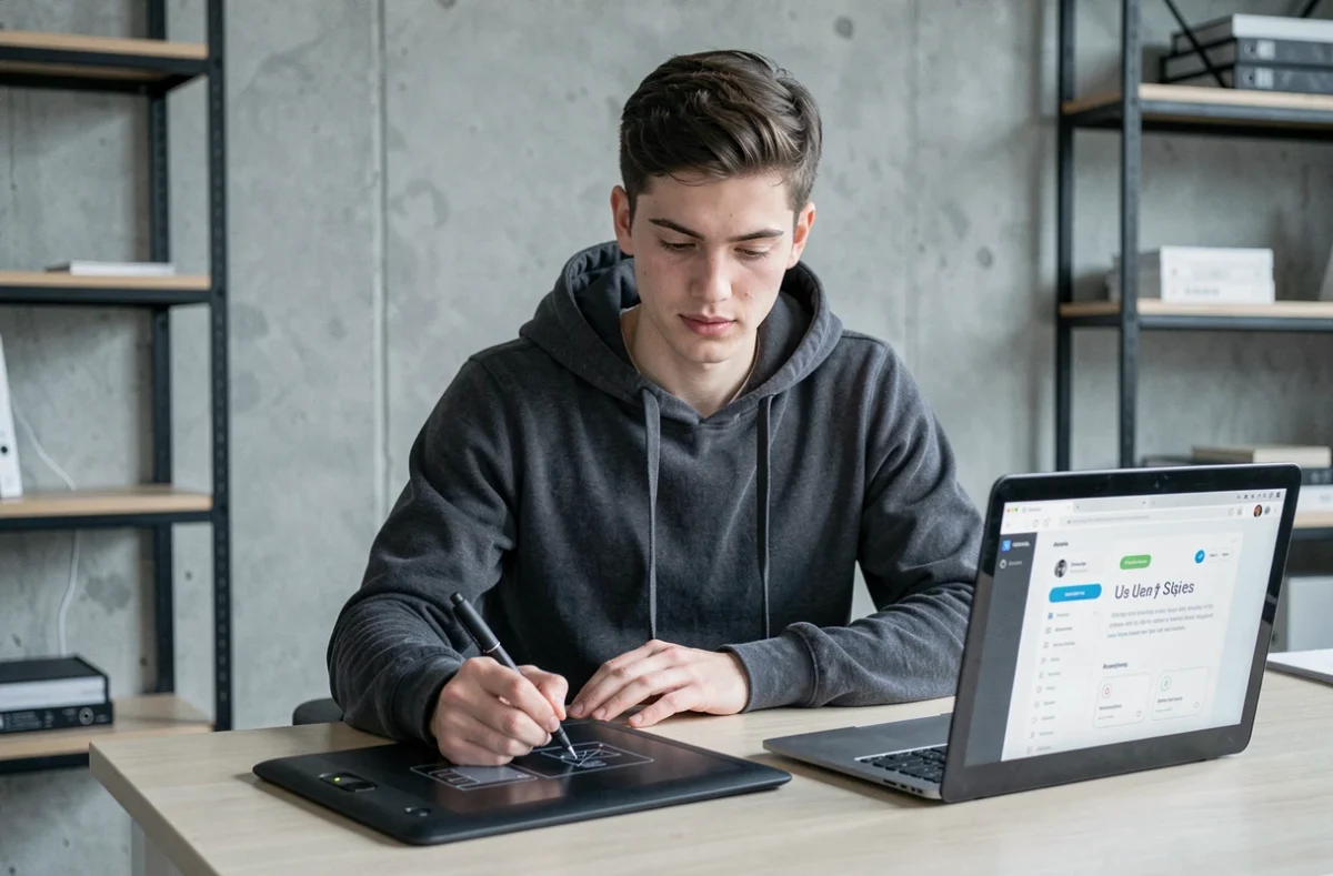 Designer de l'agence Ik Digital esquissant des wireframes sur tablette graphique dans un studio contemporain