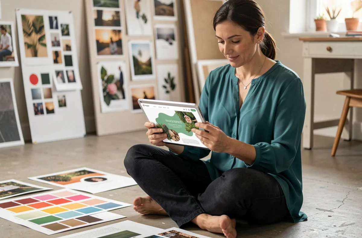 Designer graphique d'Imagospirit entourée de planches d'inspiration et de palettes de couleurs dans un studio créatif chaleureux