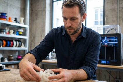 Ingénieur examinant un prototype imprimé en 3D dans un atelier de fabrication parisien