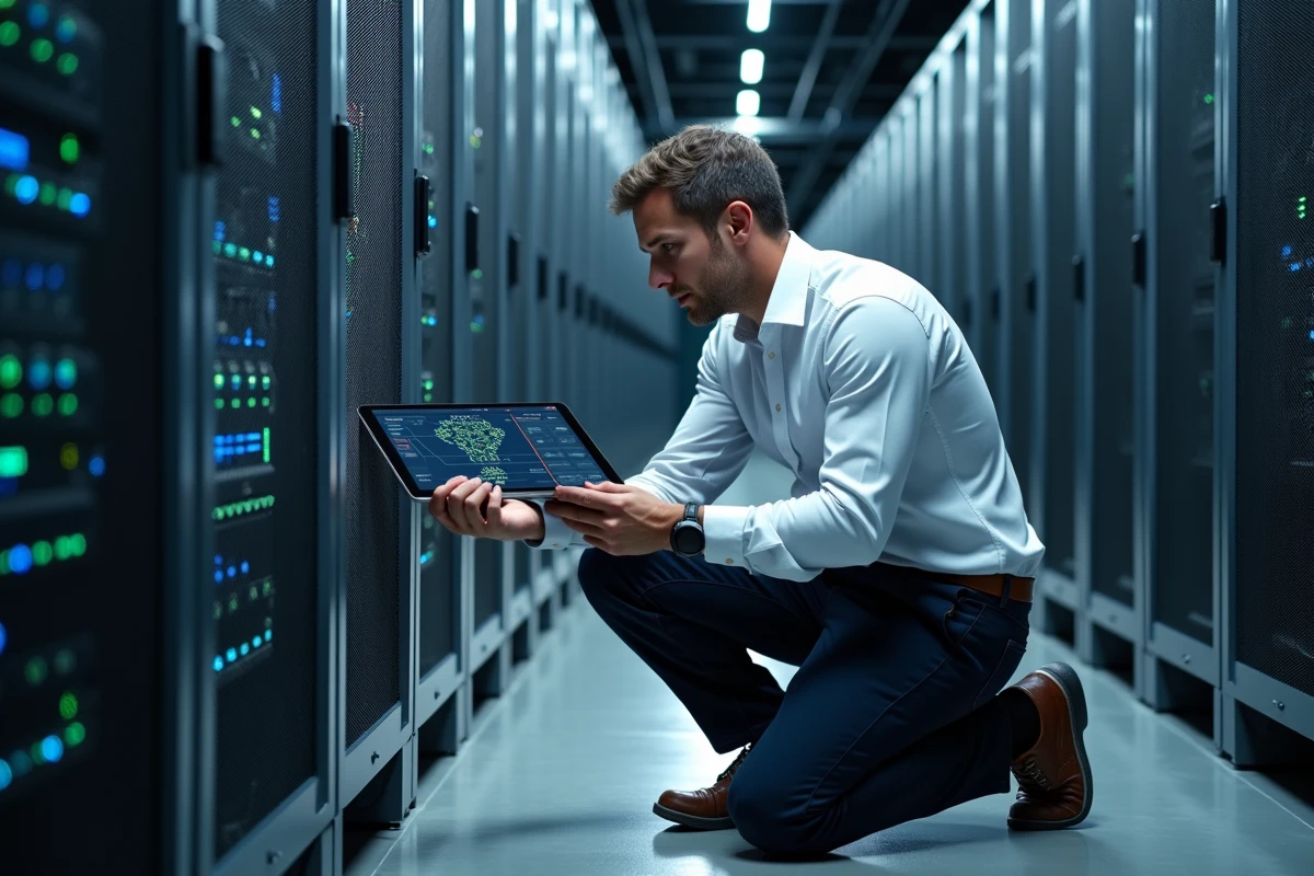 Ingénieur réseau inspectant un panneau de brassage dans un datacenter pour résoudre des erreurs de routage IPv4