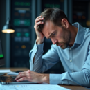 Ingénieur réseau stressé au bureau avec diagrammes