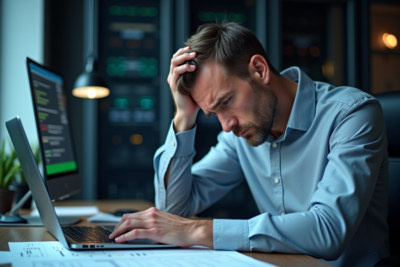 Ingénieur réseau stressé au bureau avec diagrammes