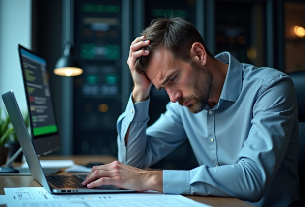Ingénieur réseau stressé au bureau avec diagrammes