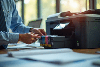 Installation de cartouches d'encre originales dans un bureau lumineux