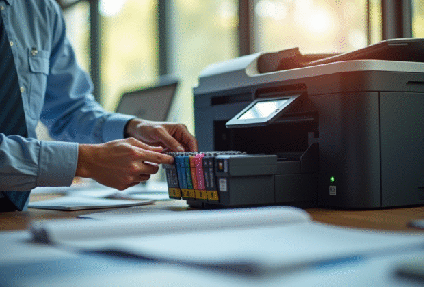 Installation de cartouches d'encre originales dans un bureau lumineux