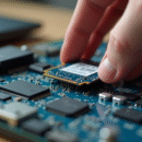 Main installant un SSD mSATA sur une carte mère d'ordinateur