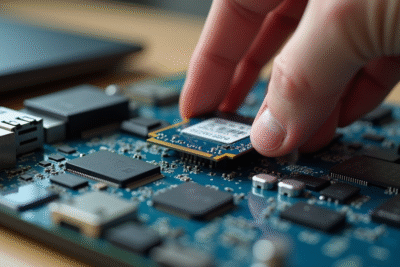 Main installant un SSD mSATA sur une carte mère d'ordinateur