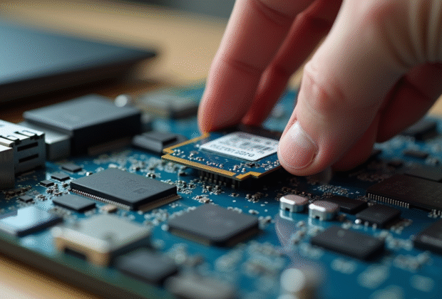 Main installant un SSD mSATA sur une carte mère d'ordinateur
