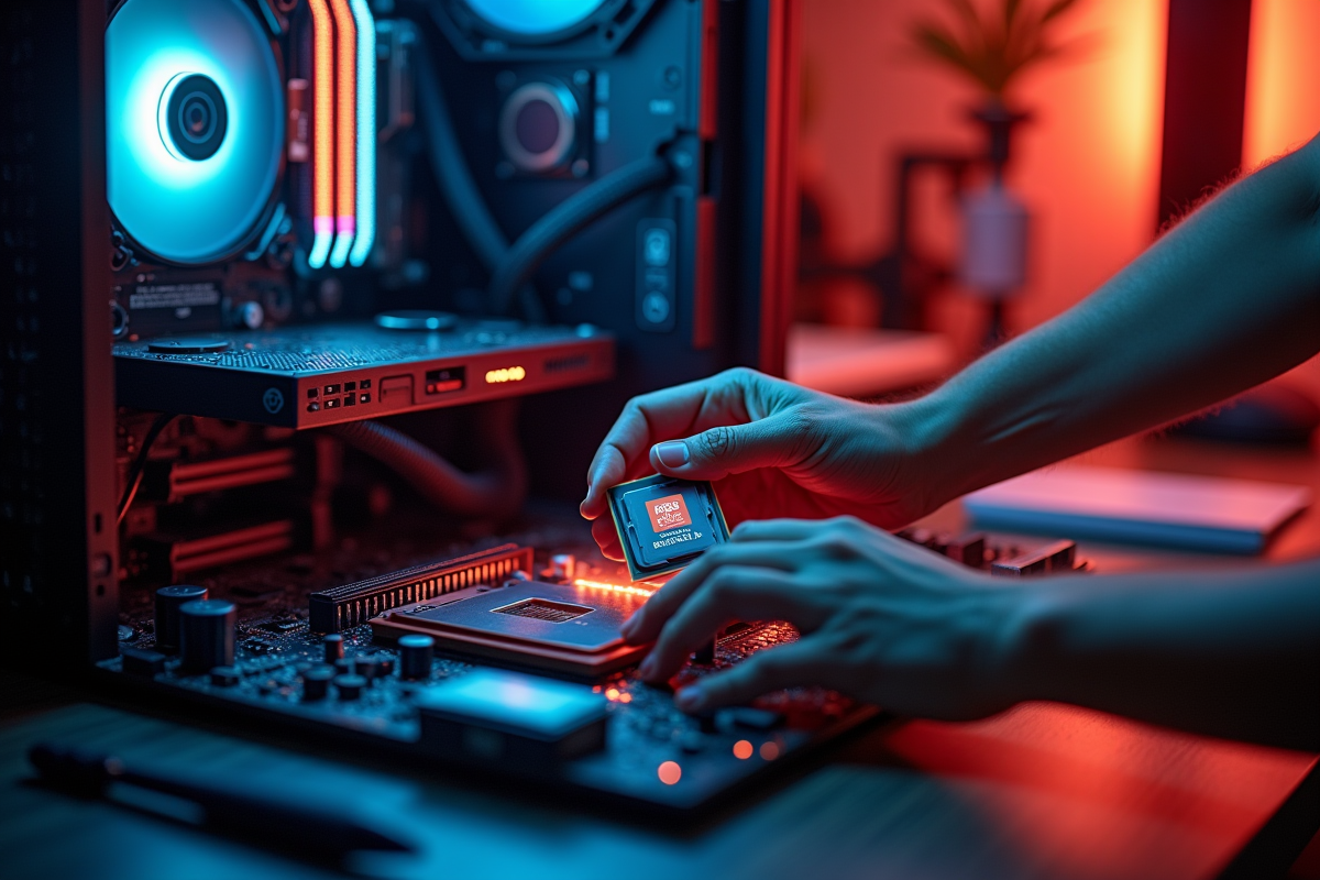 Main installant un processeur AMD Ryzen sur une carte mère dans un espace de travail