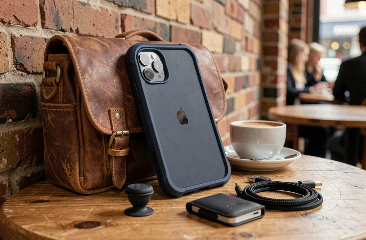 iPhone 12 dans une coque robuste entouré d'accessoires essentiels comme un PopSocket et un portefeuille MagSafe sur une table de café
