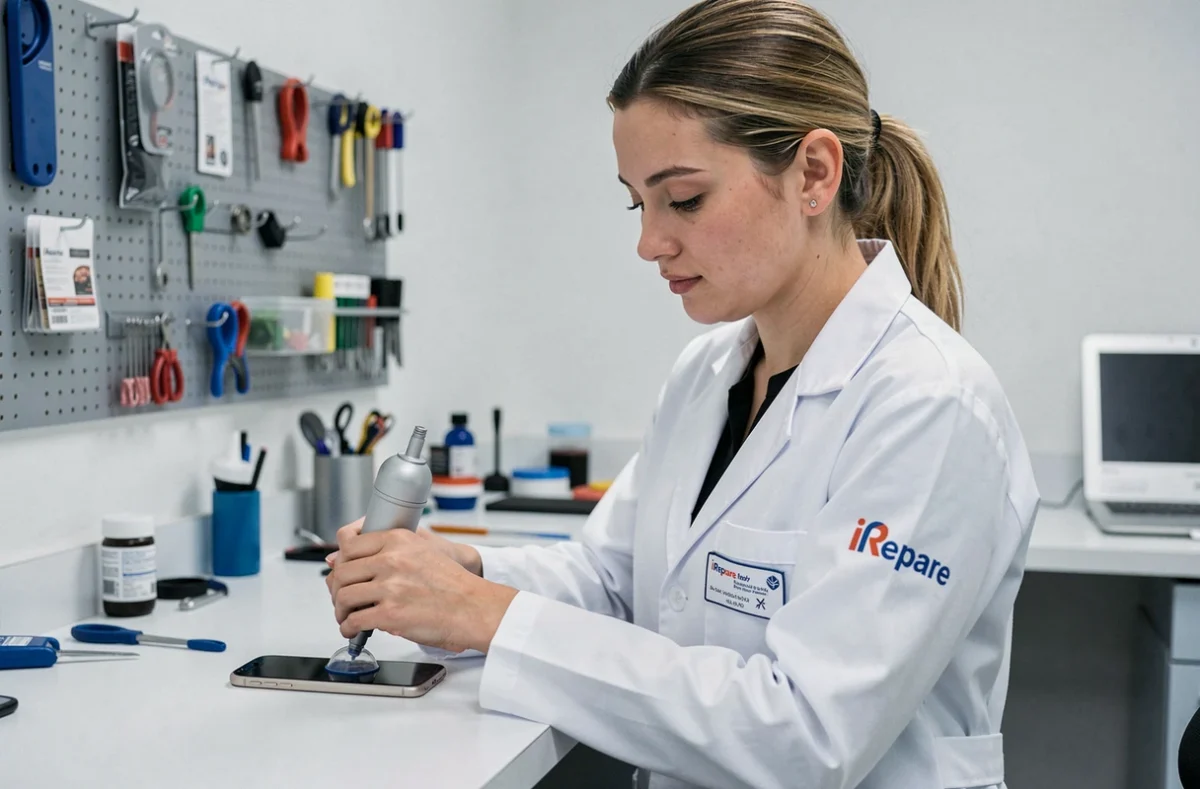 Technicienne iRepare ouvrant un iPhone avec un outil ventouse dans son atelier professionnel