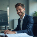 Jeune homme en costume informatique dans un bureau moderne