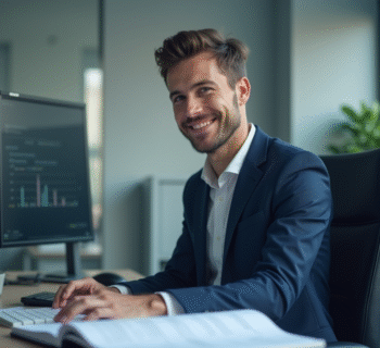 Jeune homme en costume informatique dans un bureau moderne