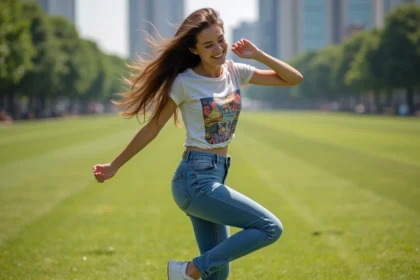 Jeune femme faisant un barrel roll dans un parc urbain