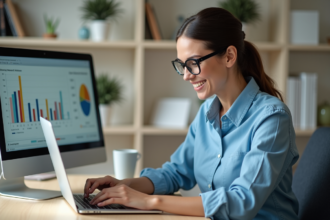 Jeune femme professionnelle analysant un graphique sur son ordinateur