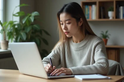 Jeune femme en bureau moderne avec ordinateur et notes