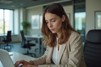 Jeune femme professionnelle travaillant sur un ordinateur dans un bureau moderne