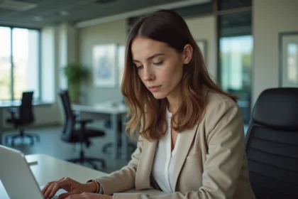 Jeune femme professionnelle travaillant sur un ordinateur dans un bureau moderne