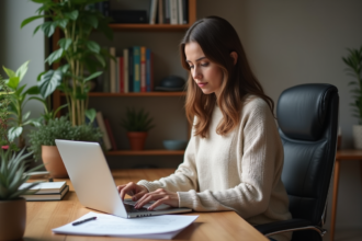 Jeune femme travaillant sur son ordinateur dans un bureau cosy