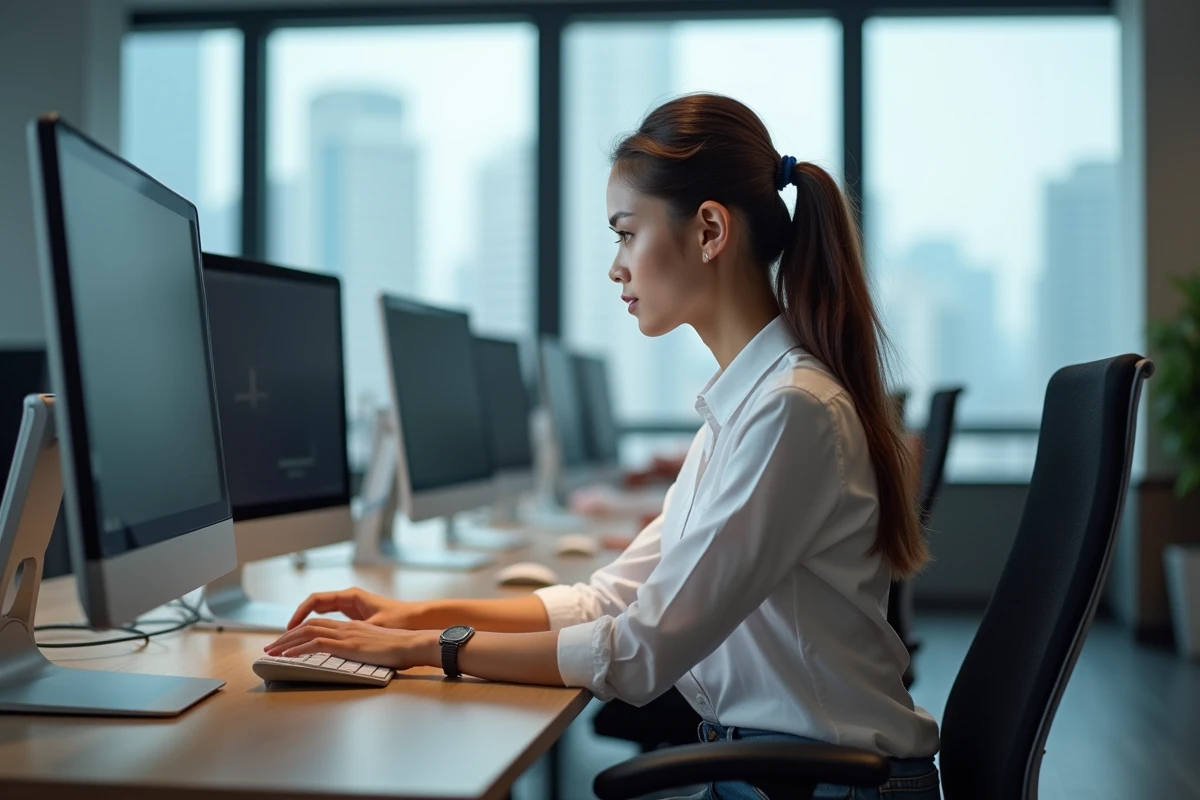 Jeune femme au bureau regardant son écran d