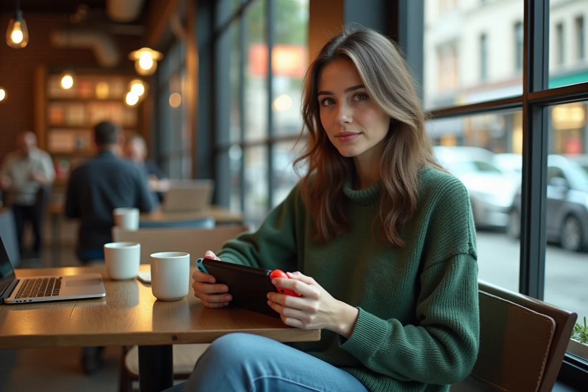 Jeune femme au café utilisant une Nintendo Switch