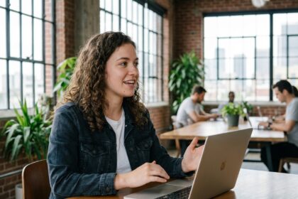Jeune femme confiante au coworking moderne avec ordinateur