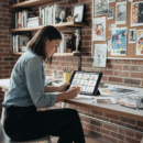 Jeune femme dessinant des storyboards dans un studio créatif