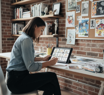 Jeune femme dessinant des storyboards dans un studio créatif