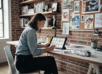 Jeune femme dessinant des storyboards dans un studio créatif