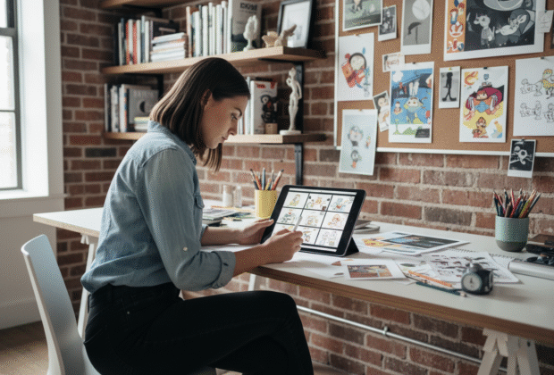 Jeune femme dessinant des storyboards dans un studio créatif