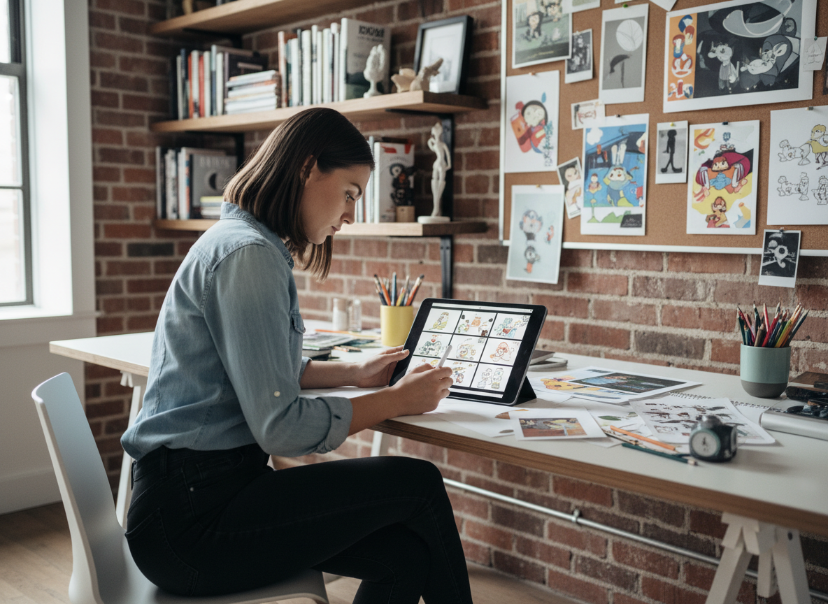 Jeune femme dessinant des storyboards dans un studio créatif