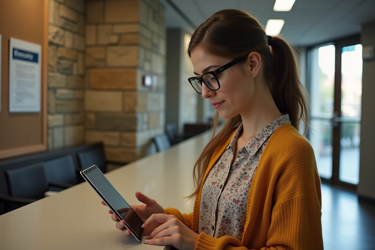 Jeune femme vérifiant ses emails sur une tablette