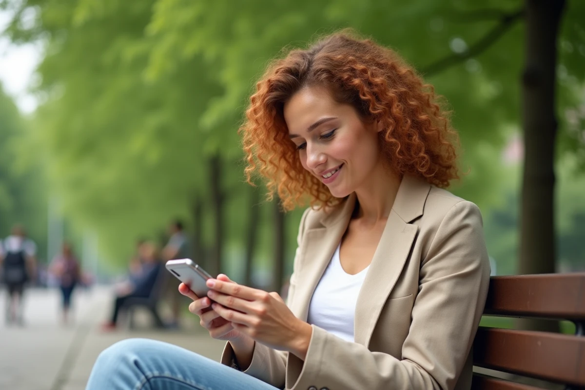 Jeune femme gérant ses contacts sur Messenger en extérieur dans un parc urbain