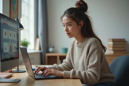 Jeune femme concentrée sur son ordinateur dans un espace de travail