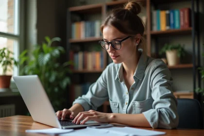 Jeune femme concentrée travaillant sur un ordinateur portable dans un bureau cosy