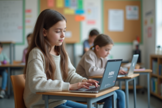 Jeune fille en classe utilisant un ordinateur avec Mon Bureau Numerique