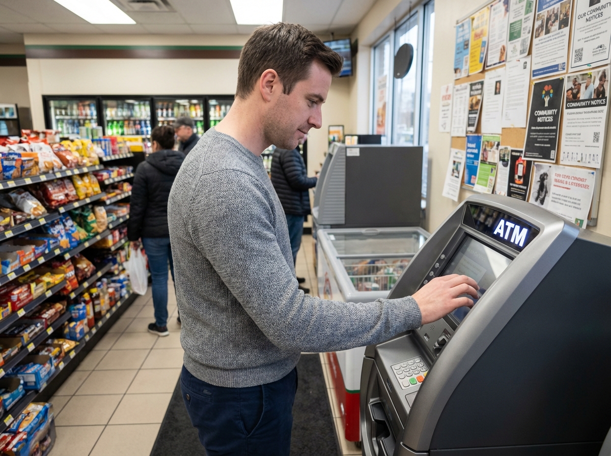 Jeune homme utilisant un distributeur automatique en magasin