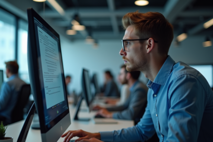 Jeune homme au bureau inquiet face à un message de rançongiciel
