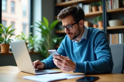 Jeune homme en bureau moderne compare des prix sur son ordinateur portable