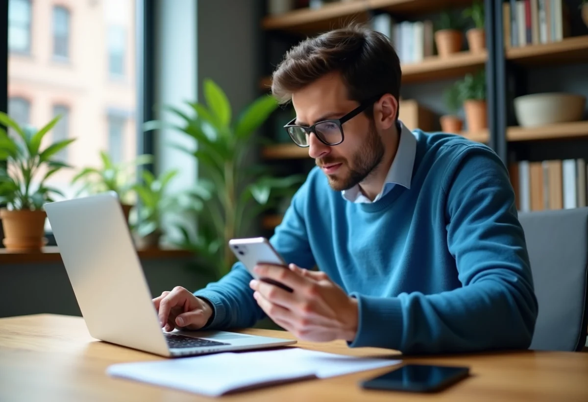 Jeune homme en bureau moderne compare des prix sur son ordinateur portable