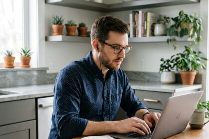 Jeune homme concentré à la maison avec ordinateur et livres
