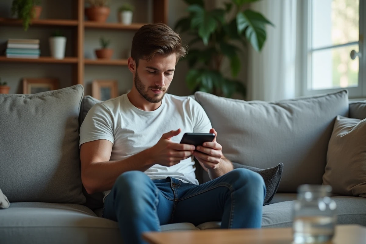 Jeune homme concentré jouant sur smartphone dans un salon moderne