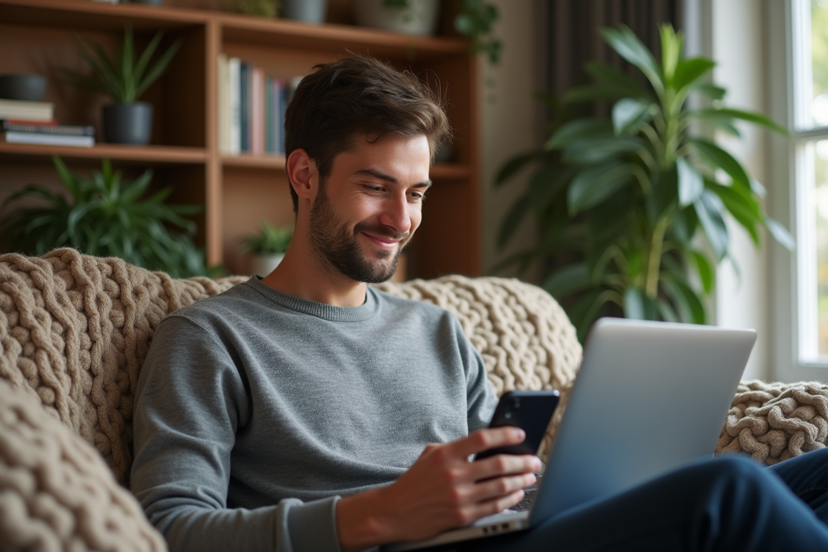 Jeune homme détendu sur canapé avec ordinateur portable