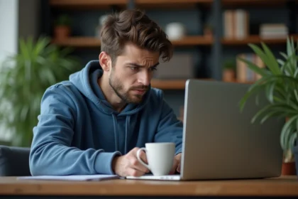 Jeune homme inquiet au bureau avec ordinateur portable