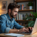 Jeune homme concentré sur un test Kohi clic sur un ordinateur portable