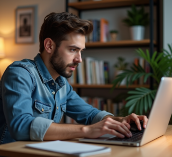 Jeune homme concentré sur un test Kohi clic sur un ordinateur portable