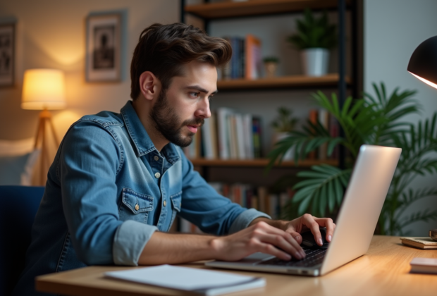 Jeune homme concentré sur un test Kohi clic sur un ordinateur portable