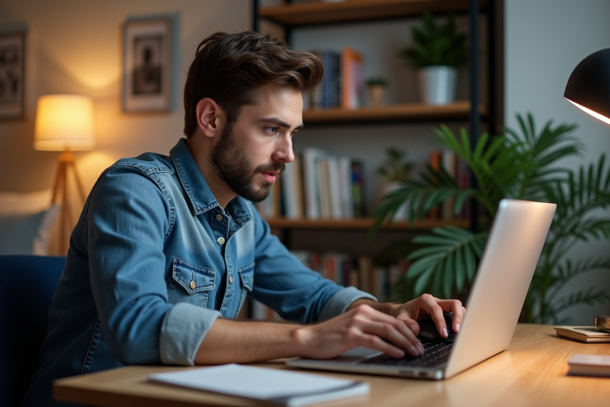 Jeune homme concentré sur un test Kohi clic sur un ordinateur portable