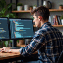 Jeune homme concentré devant ses écrans en home office